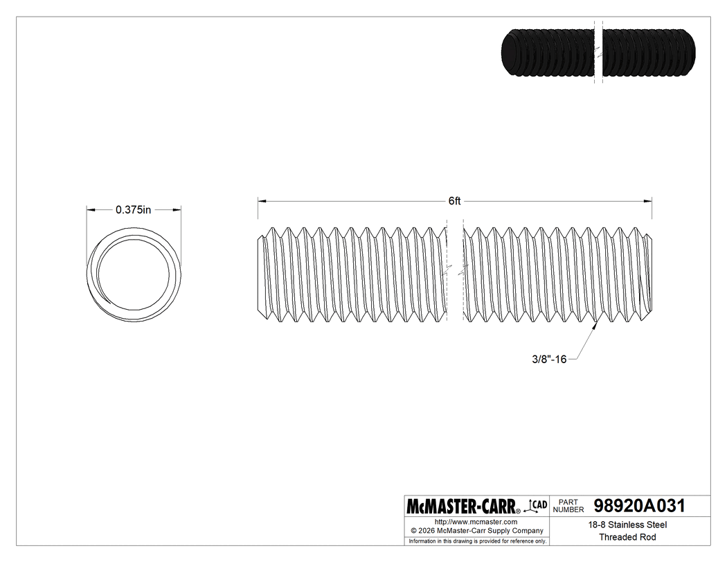 Technical Drawing of 18-8 Stainless Steel Threaded Rod, 3/8"-16 Thread Size, 6 Feet Long.